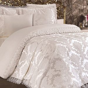 French Lace Lalezar Bridal Bedding Set - 7 Pieces, Cream